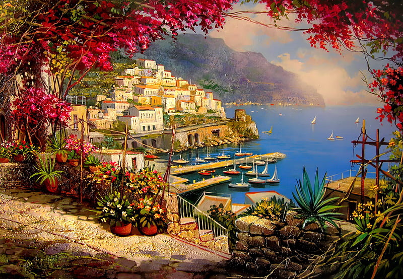 Mediterranean view, mediterraneo, pretty, bonito, sea, boats, painting, village, art, view, houses, port, pier, spring, terrace, hatrbor, summer, coast, HD wallpaper
