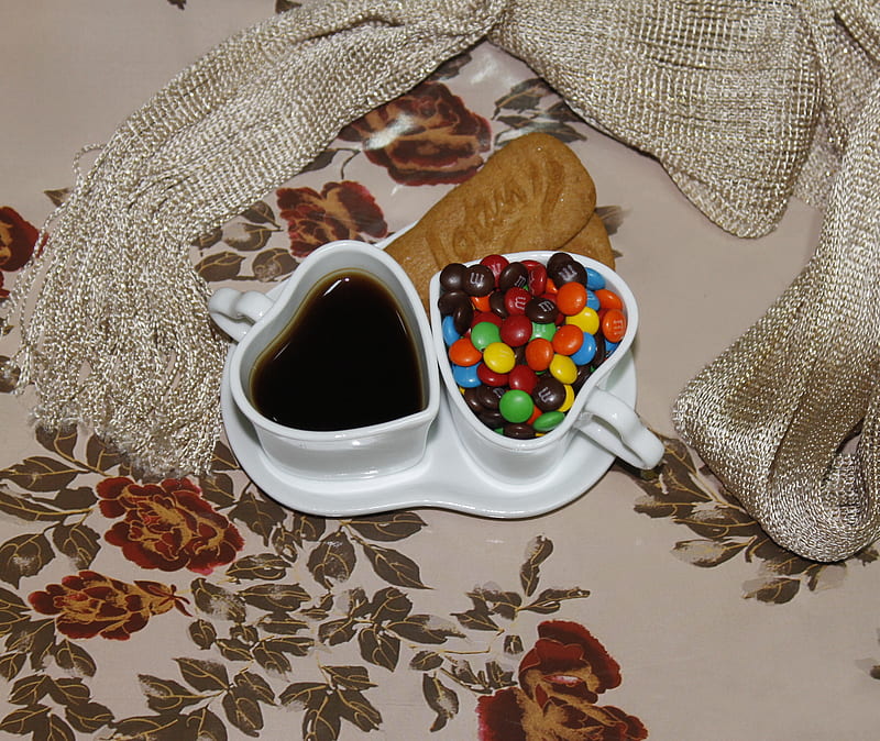 Coffee, biscuit, candy, heart, love, sweet, HD wallpaper