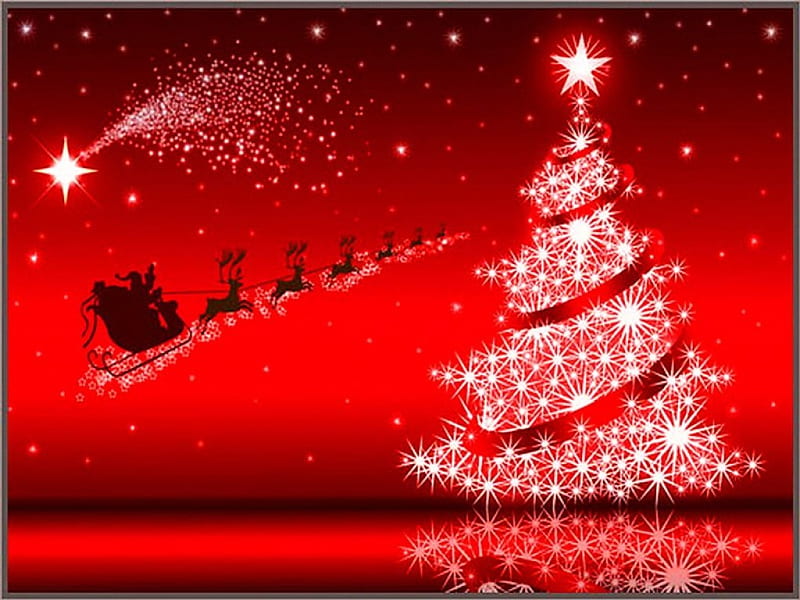 Christmas on the way, sleigh, Christmas, red, tree, Santa, HD wallpaper