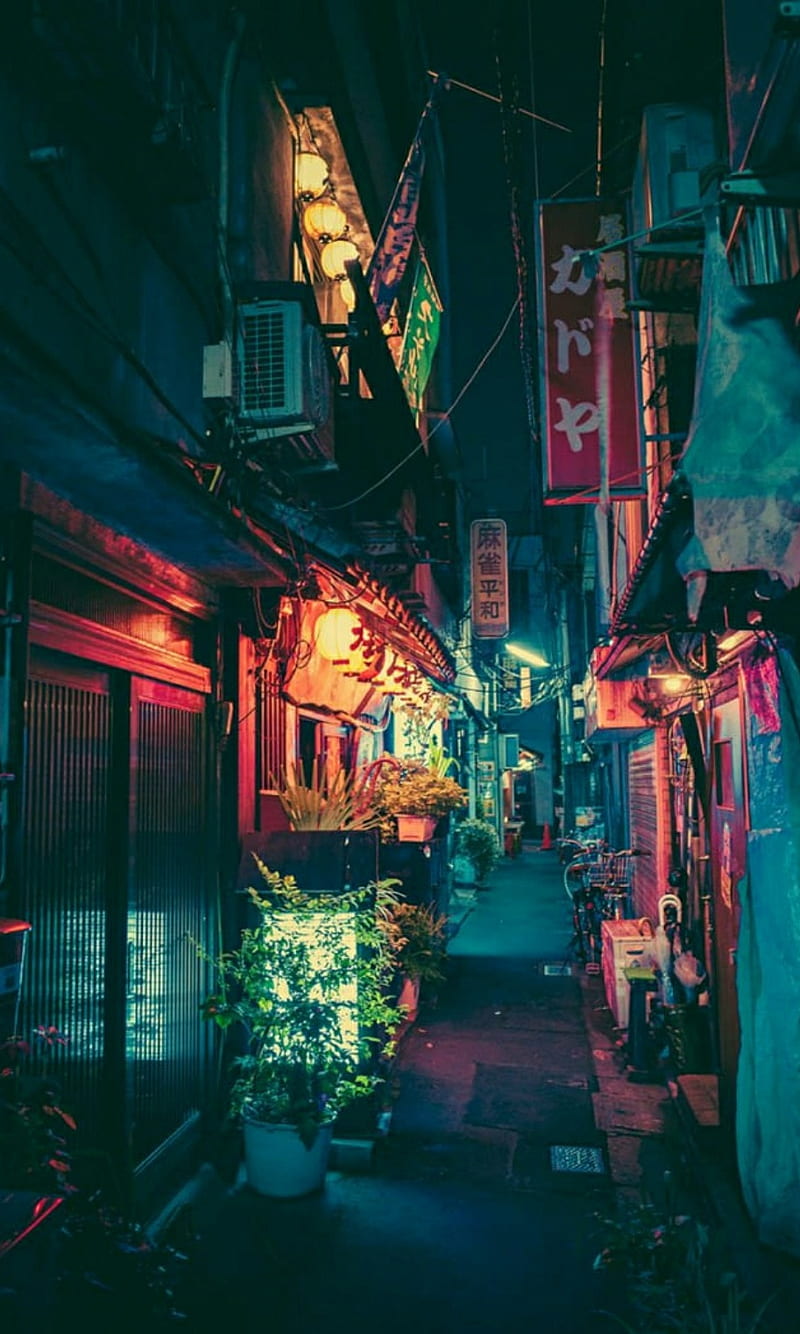 Narrow street, alley, black, japan, night, HD phone wallpaper