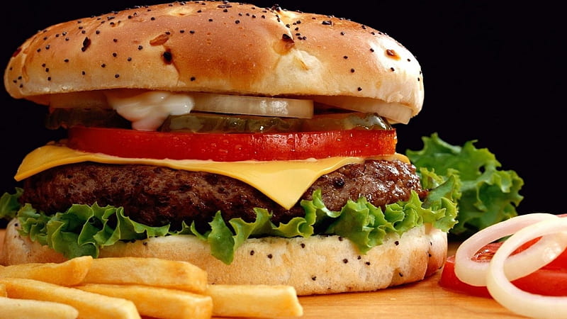 Juicy Hamburger on a Bun, delicious, onion, bun, fries, hamburger, abstract, pickles, lettuce, tomatoes, cheese, HD wallpaper