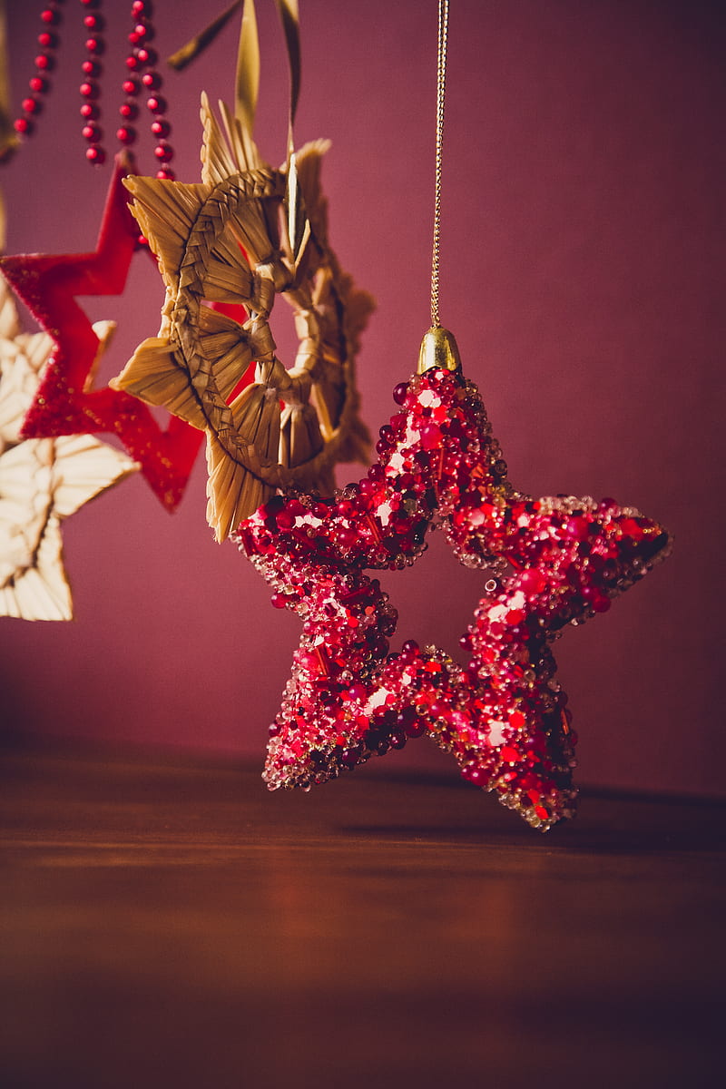 red sequined star handing decor, HD phone wallpaper