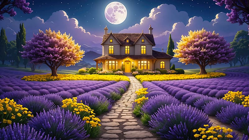 A house in the middle of flower field, lavender, purple, field, paradise, eden, heaven, house, moon, countryside, peaceful, HD wallpaper