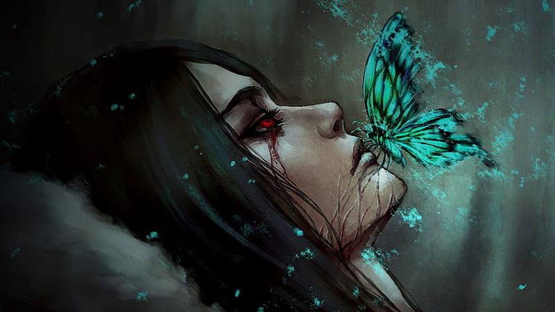 Comfort from a Butterfly, fantasy, butterfly, tears, red eyes, blood, HD wallpaper