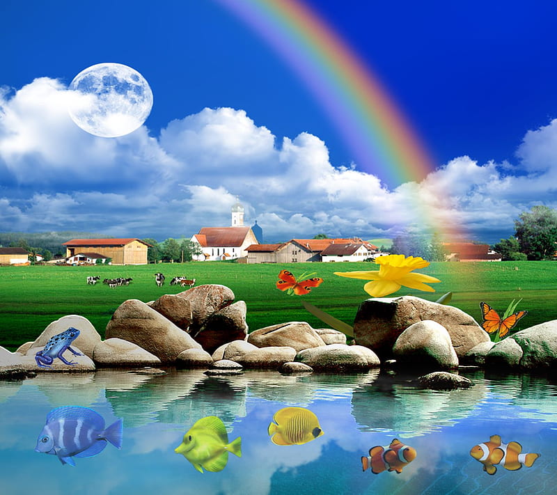 Nature, fish, flower, flowers, house, moon, rainbow, tree, village, HD ...