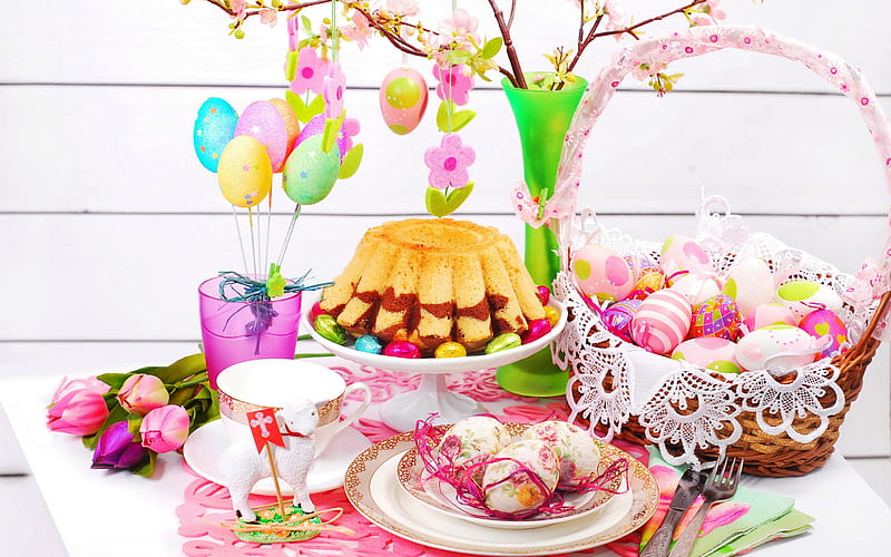 Easter cake, deco, green, easter, pink, pasti, sweet, cake, food, dessert, egg, HD wallpaper