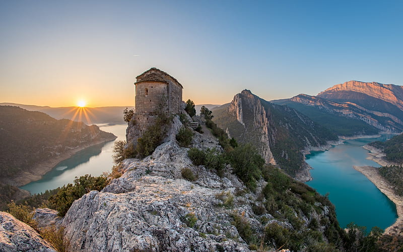 La Pertusa, stone fortress, morning, lake, mountains, Aragon, Catalonia, Spain, Leyda, HD wallpaper