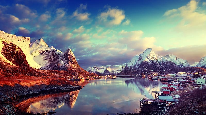 Snow, Mountain, Lake, Norway, , Lofoten, Reine, HD wallpaper