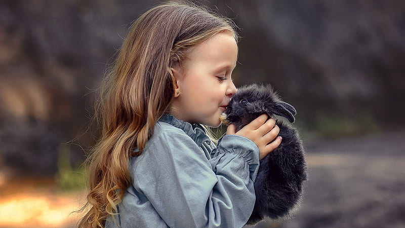 Blonde Cute Little Girl Is Kissing Black Rabbit Wearing Blue Dress Cute, HD wallpaper