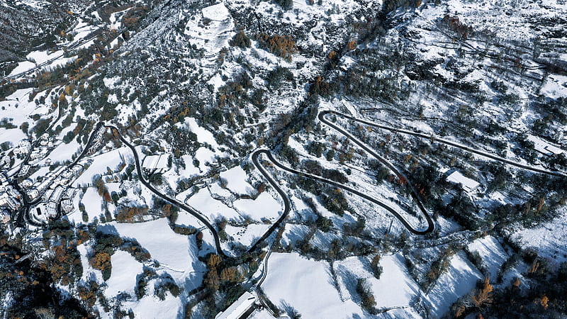 aerial graphy of curved road covered with snow during daytime, HD wallpaper