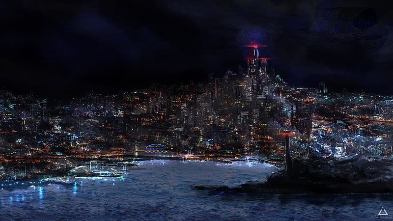 Night, City, Cityscape, Sci Fi, Harbor, Futuristic City, Cyberpunk Cityscape, HD wallpaper