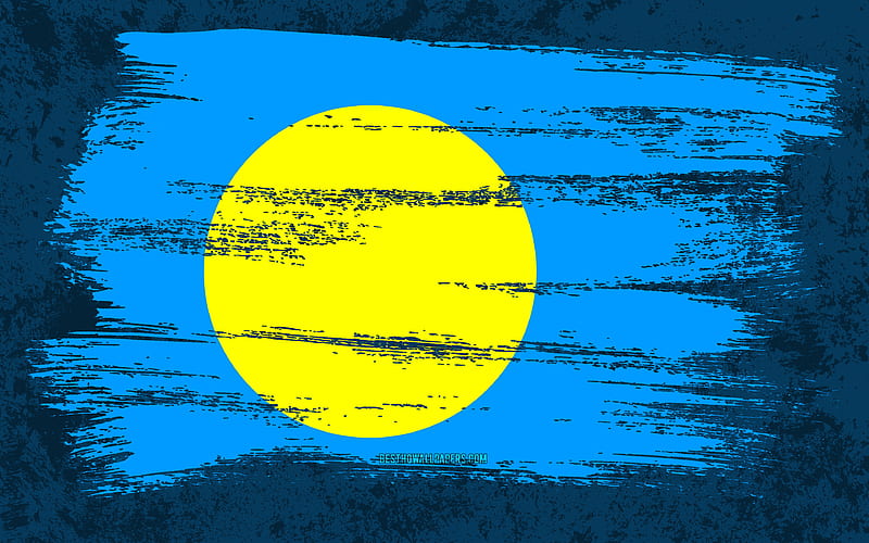 Flag of Palau, grunge flags, Oceanian countries, national symbols, brush stroke, Palau flag, grunge art, Oceania, Palau, HD wallpaper