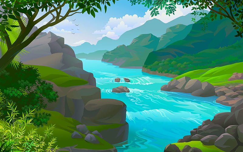 The river, water, stones, river, creative, blue, vector, HD wallpaper