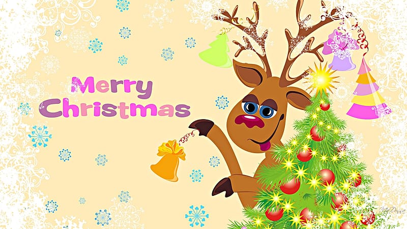 Merry REindeer Bell Ringer, Christmas tree, cartoon, holiday, reindeer, Christmas, decorations, cute, HD wallpaper
