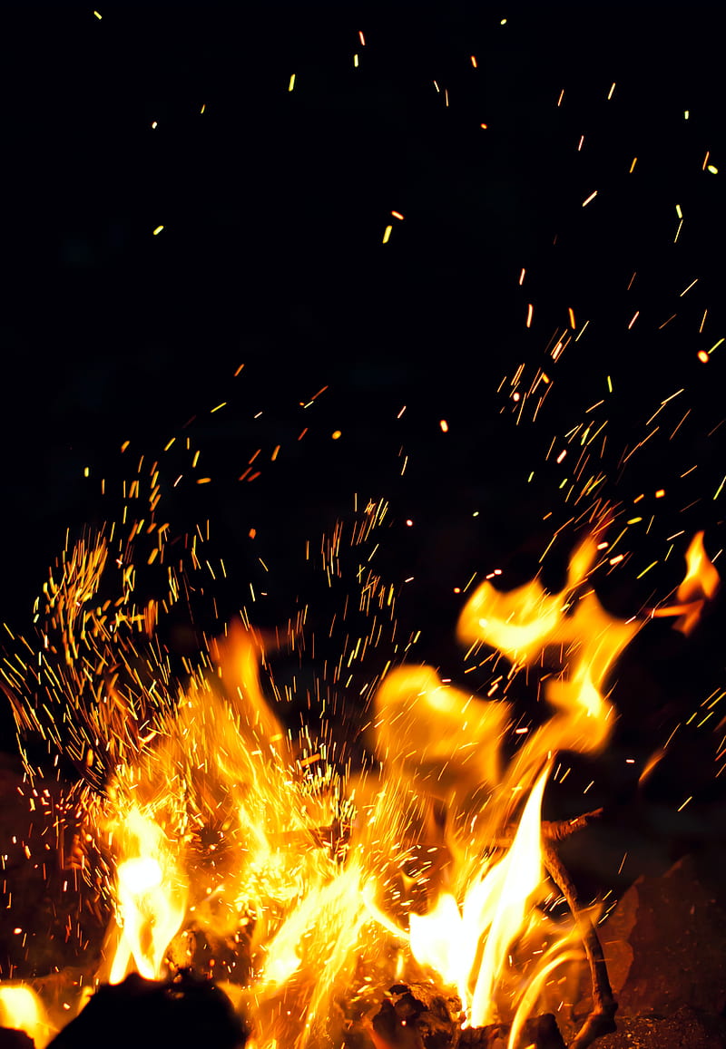 fire, sparks, bonfire, night, dark, HD phone wallpaper