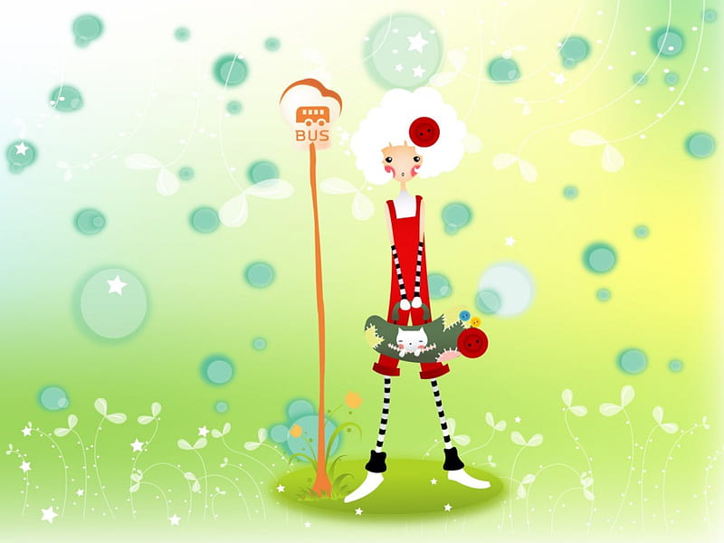 Waiting for the bus, stars, bus stop, bubbles, flowers, lady, handbag, HD wallpaper