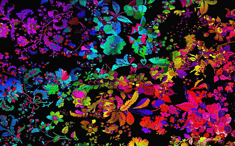 Pyschedelic Flowers, shapes, orange, colors, yellow, abstract, leaves, psicodelia, green, purple, flowers, pink, HD wallpaper