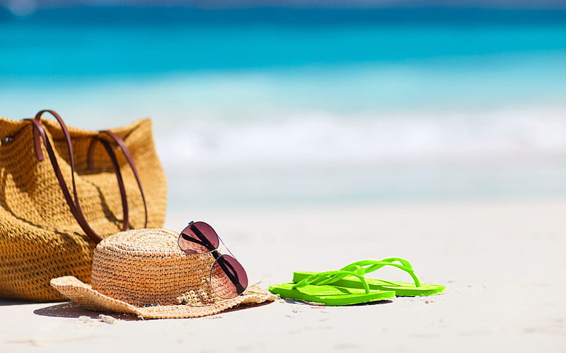 beach accessories, summer, beach, wicker hat, Sunglasses, summer travel concepts, HD wallpaper