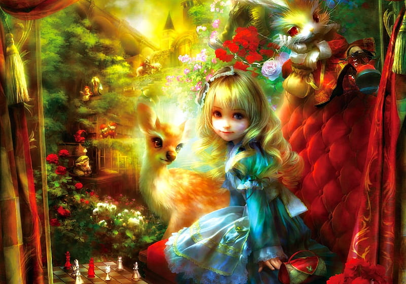 Alice in Wonderland, red, colorful, rose, shu, yellow, deer, animal, blue dress, fantasy, green, white rabbit, art, alice loco motion, wonderland, cute, girl, garden, bunny, chess, HD wallpaper