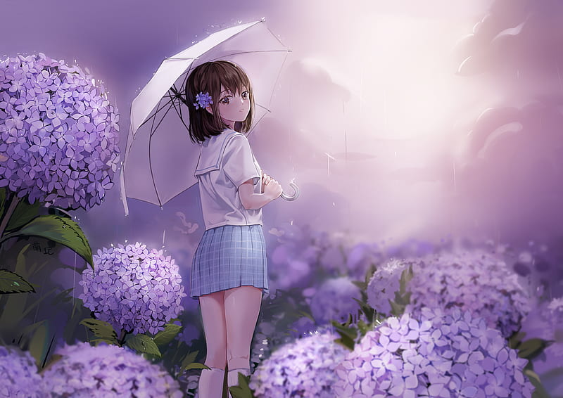 Anime, Girl, Brown Hair, Hydrangea, Purple Eyes, Purple Flower, Umbrella, HD wallpaper