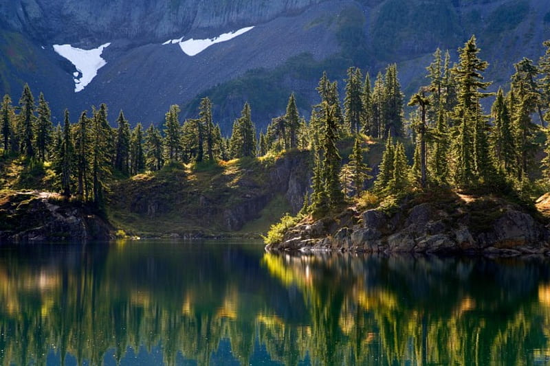 Hayes Lake Mount Baker Washington, mountain, nature, trees, lake, HD wallpaper