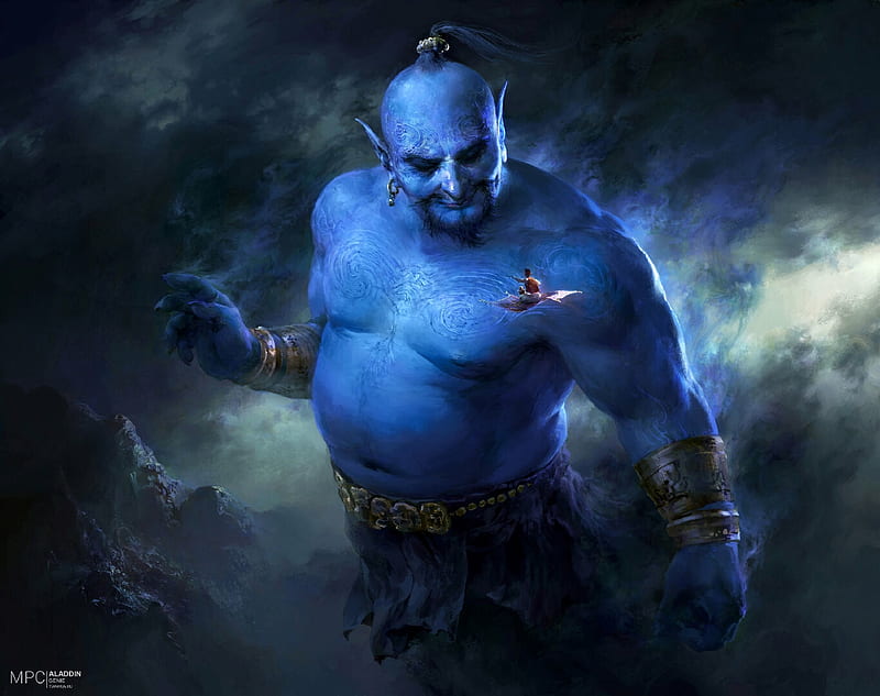 Genie, giant, fantasy, aladdin, luminos, man, tianhua xu, blue, flying carpet, HD wallpaper