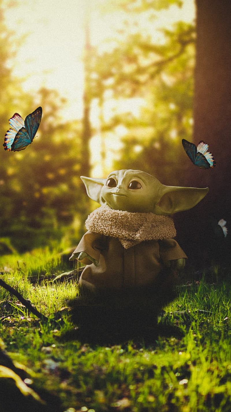 Baby Yoda, baby, butterflies, butterfly mandalorian, nature, space, star wars, yoda, HD phone wallpaper