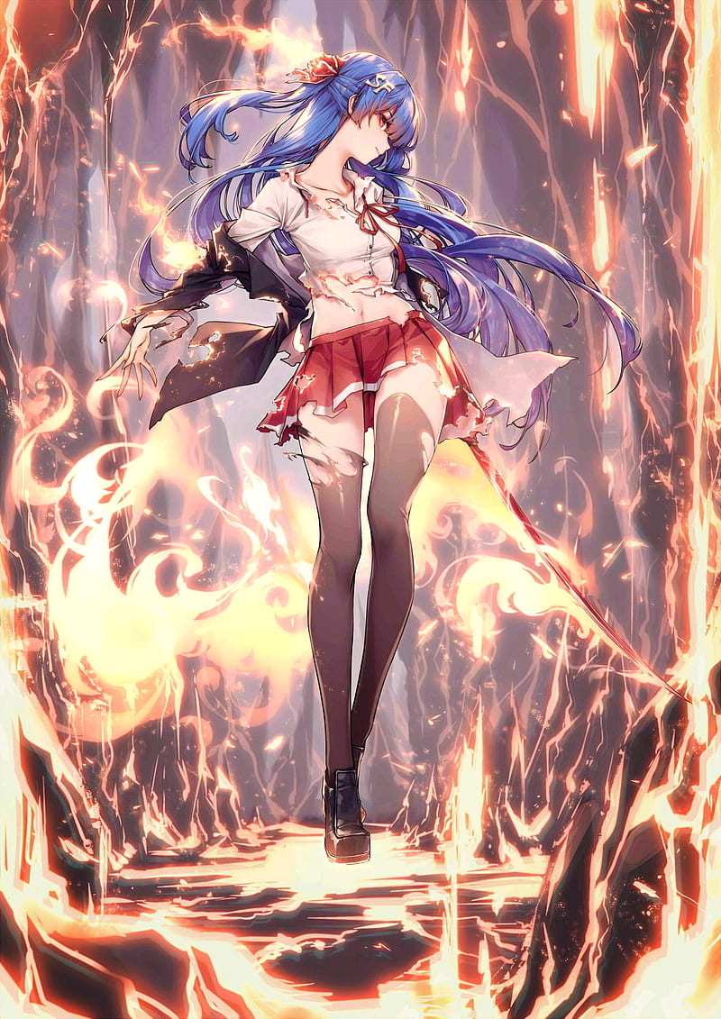 magic, anime, anime girls, miniskirt, blue hair, standing, girls with swords, legs, long hair, fire, red eyes, ripped clothes, ripped clothing, torn clothes, belly, Rukousou no Hana, HD phone wallpaper