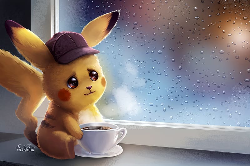 Coffee, Cup, Window, Pokémon, Hat, Pikachu, Movie, Pokémon Detective Pikachu, HD wallpaper
