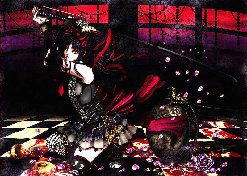 Gothic Katana, sexy pose, original, frames, fighter, blush, cat eyes, thighhighs, cherry blossom, butterfly, gothic, torn clothes, checkered floor, hot, flowers, anime girl, sword, ninja, female, detached sleeves, ribbon, brave, smile, sexy, yellow eyes, torn thighhighs, goth, cool, warrior, katana, petals, cross, HD wallpaper