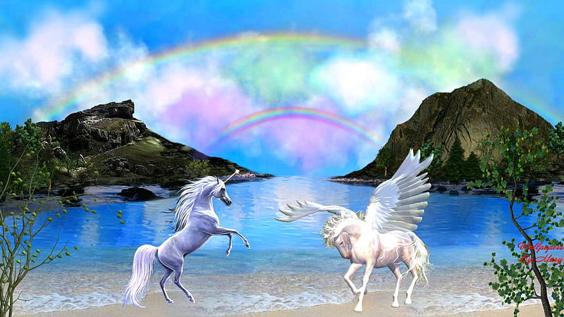 Fantasy Meeting 1920x1080, Beaches, Unicorns, Pegasus, Rainbows, Fantasy, HD wallpaper