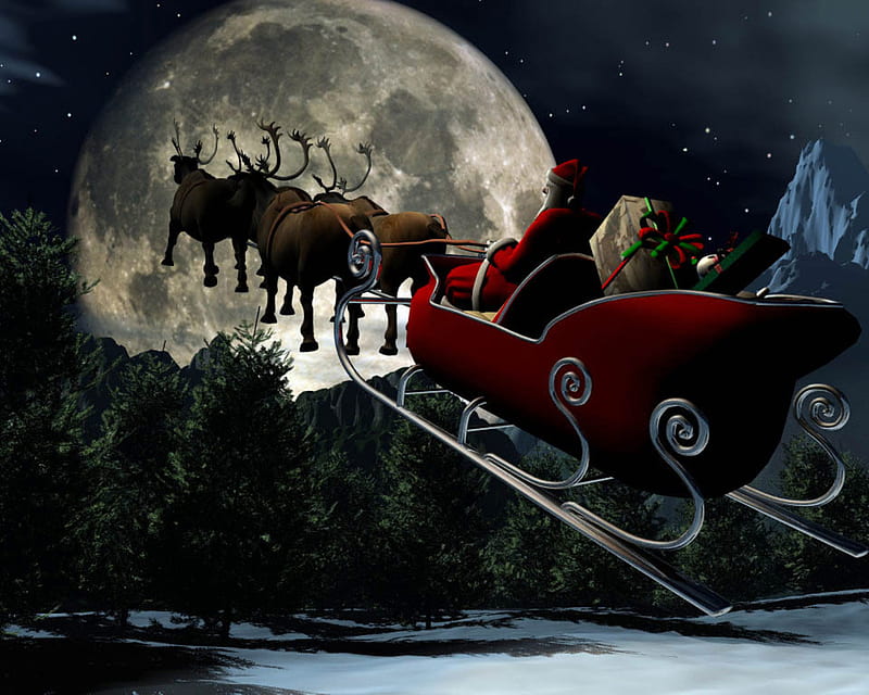 Santa's Sledge to the Moon, holidays, santa, christmas, xmas, HD wallpaper