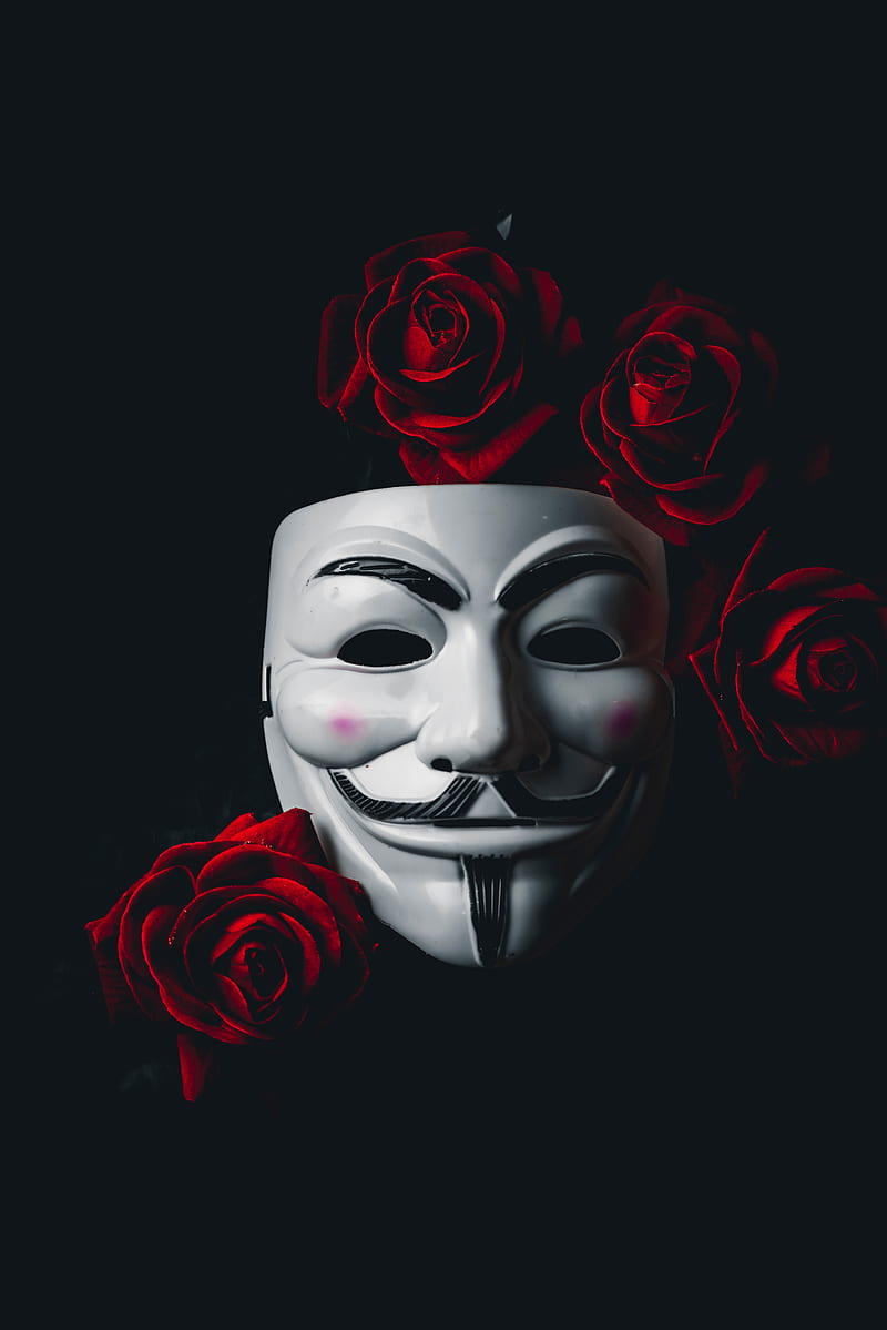 mask, anonymous, roses, flowers, dark, HD phone wallpaper