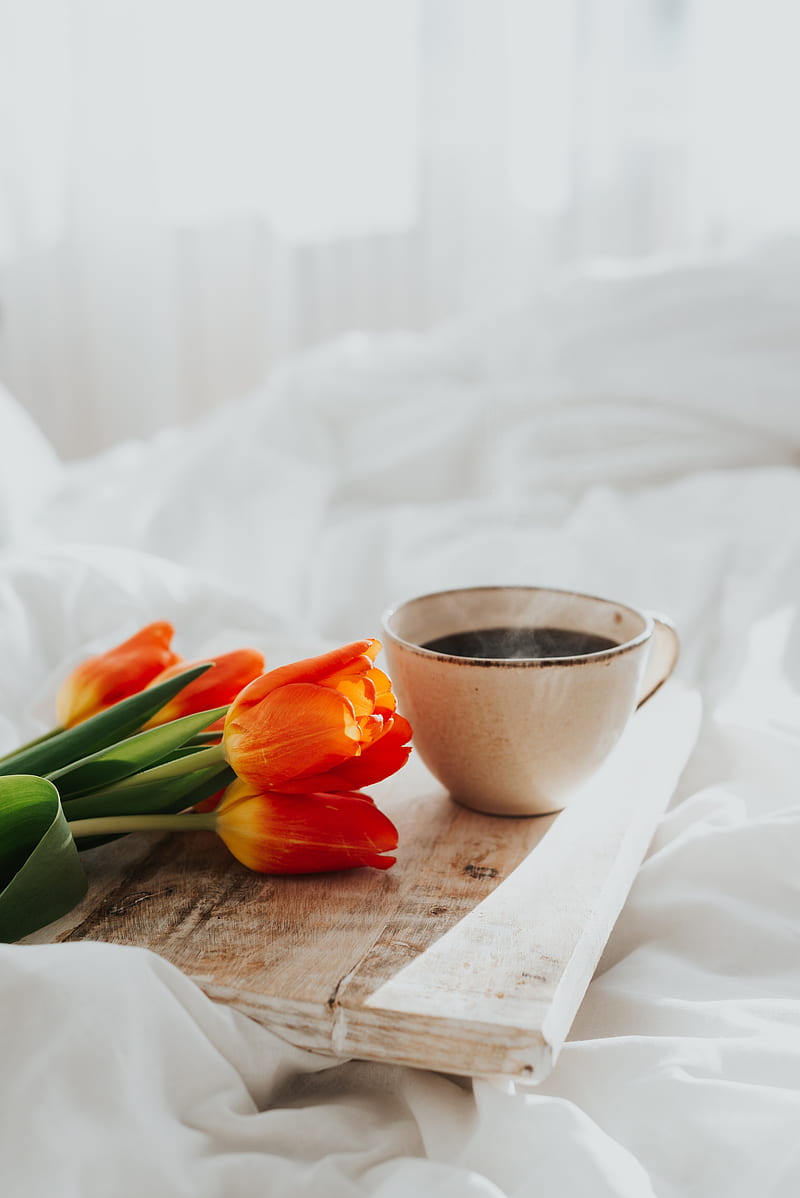 tulips, flowers, mug, coffee, breakfast, HD phone wallpaper