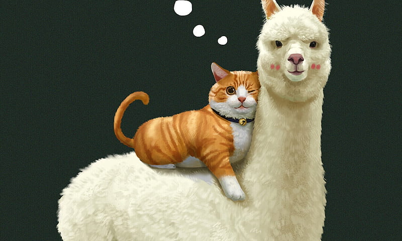 Cat and alpaca, lama, pisici, cat, sweet, animal, alpaca, luminos, cute, fantasy, yang jiawen, hugs, HD wallpaper