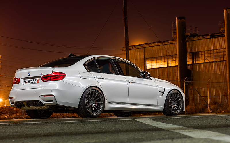 BMW M3, F80, 2018, white sedan, black wheels, tuning of the new M3, evening, sunset, tuning F80, BMW, HD wallpaper