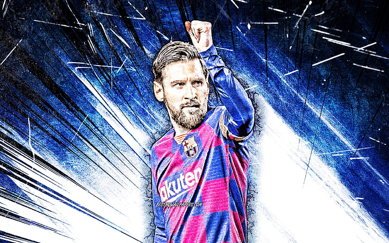 Lionel Messi, blue abstract rays Barcelona FC, argentinian footballers, FCB, football stars, La Liga, grunge art, Messi, Leo Messi, LaLiga, Lionel Messi , Spain, Barca, soccer, HD wallpaper