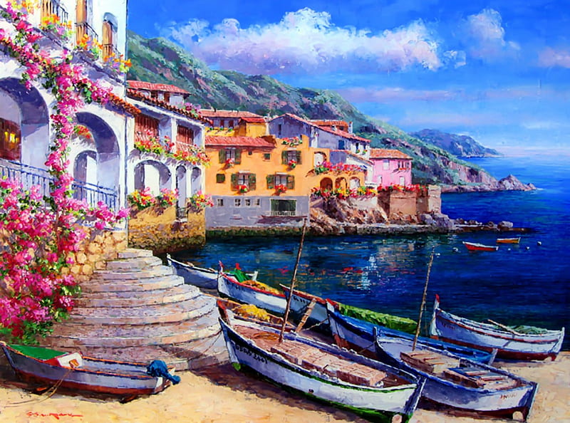 Lovely coastal view, colorful, art, lovely, view, houses, town, sky, que, sea, boat, painting, summer, flowers, village, coast, HD wallpaper