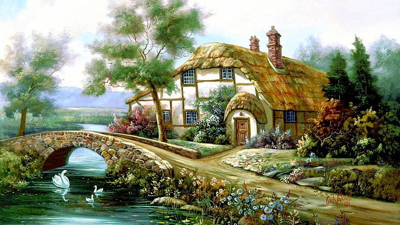 Cottage on the Lake, ENGLISH, COTTAGE, HOME, LAKE, HD wallpaper