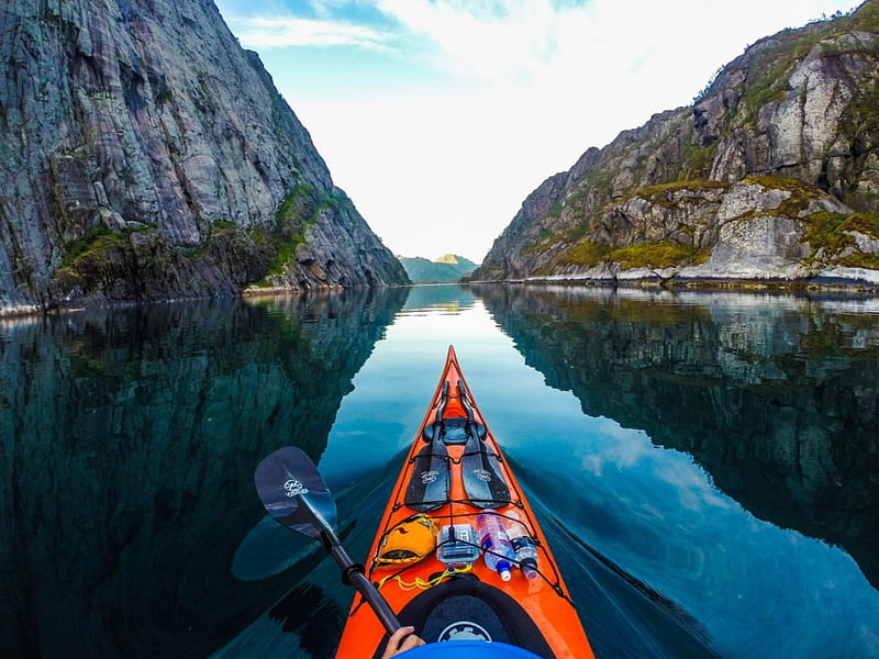 By kayak, nature, river, mountains, kayak, HD wallpaper