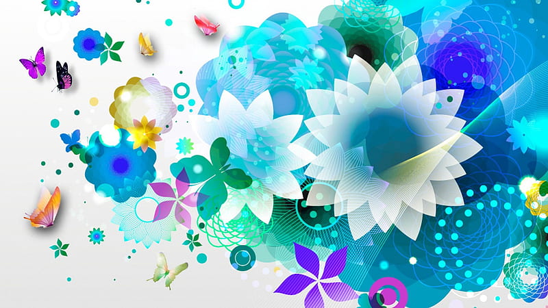 Blue Flower Abstraction, colorful, dots, circles, butterflies, abstract, floral, cyan, turquoise, cool, bright, summer, blossoms, aqua, color, blue, HD wallpaper
