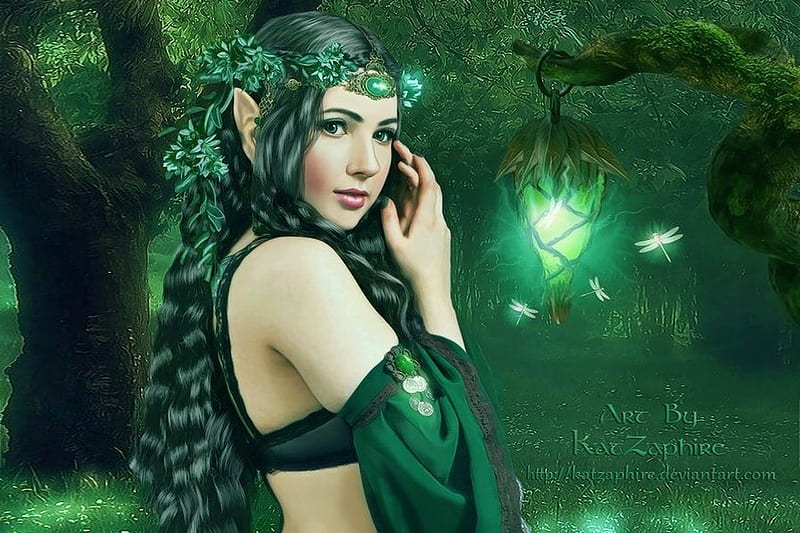 Green Forest Elf, forest, wreath, lamp, bonito, green, Elf, magical, pretty face, Dragon flies, HD wallpaper