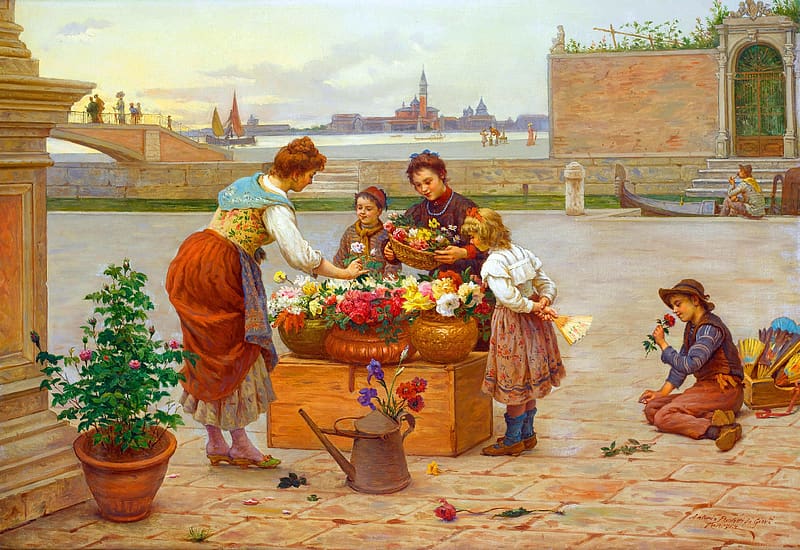 Flower seller, girl, people, woman, antonio ermolao, children, art, antonio paoletti, venice, painting, pictura, flower, HD wallpaper