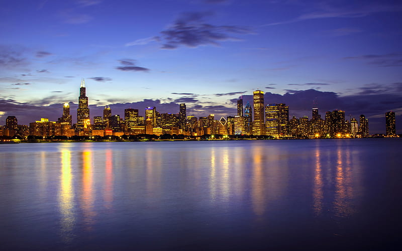 Lake Michigan, Chicago, night, skyscrapers, evening, cityscape, Illinois, USA, HD wallpaper