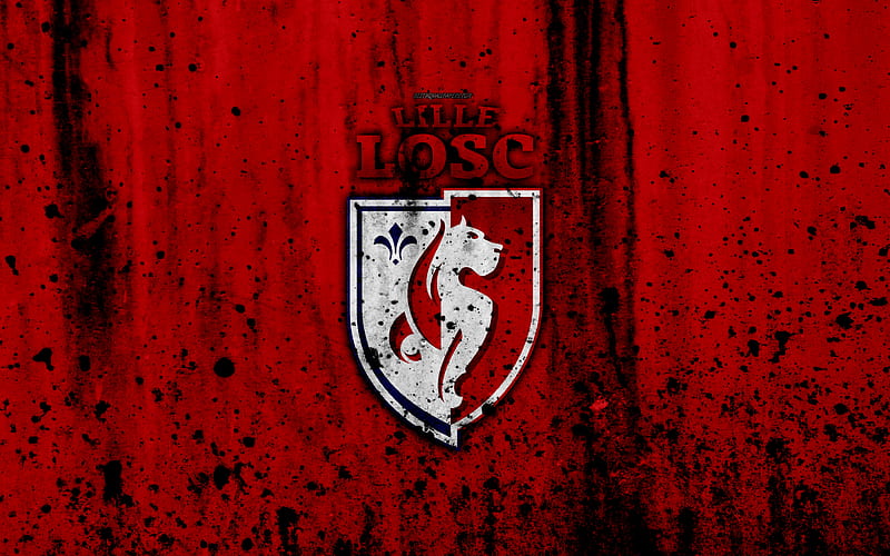 FC Lille logo, Ligue 1, stone texture, Lille, grunge, soccer, football club, metal texture, Liga 1, Lille FC, HD wallpaper