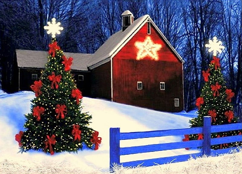 ★New Year Barn Star★, stars, Christmas, holidays, lovely, lighting, New Year, colors, love four seasons, bonito, christmas trees, xmas and new year, winter, snow, barns, HD wallpaper