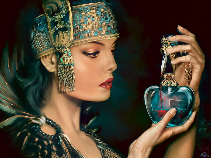 Poison in her hands, costume, cg, bottle, women, poisened heart, fantasy, gold, beauty, face, art, black, abstract, jewelry, glass, emile noordeloos, maiden, perfume, brown, es, fine art, bonito, woman, poison, silver, figure, girls, pink, blue, gorgeous, female, exotic, 3d, girl, HD wallpaper