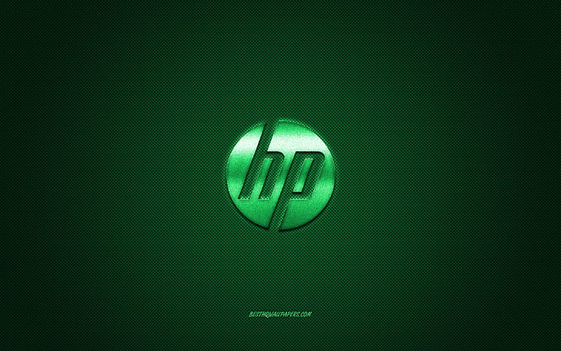 HP logo, green shiny logo, HP metal emblem, Hewlett-Packard, for HP devices, green carbon fiber texture, HP, brands, creative art, HD wallpaper