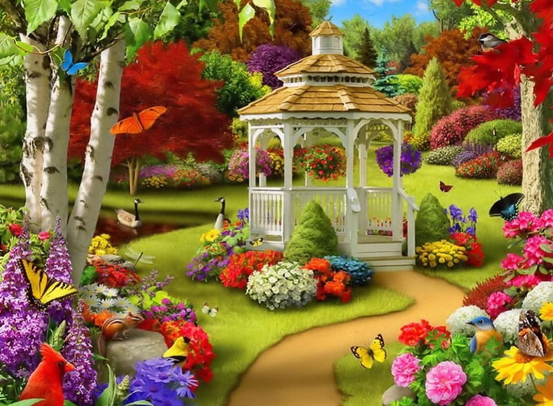 Gazebo in Garden, Garden, Art, Flowers, Gazebo, HD wallpaper