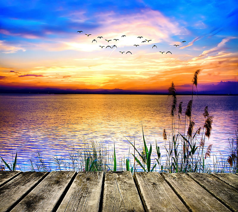 Sunset, colourful, lake, sun water, HD wallpaper
